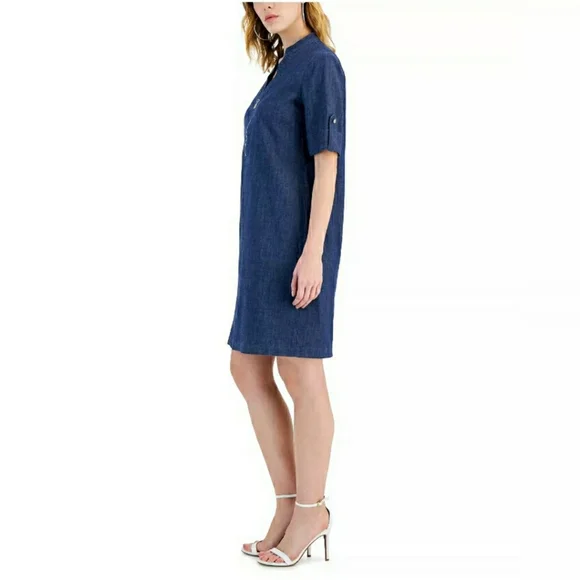 NWT Anne Klein Denim Shift Dress Zipper Neck Tab Sleeves Size 4 - Picture 2 of 8